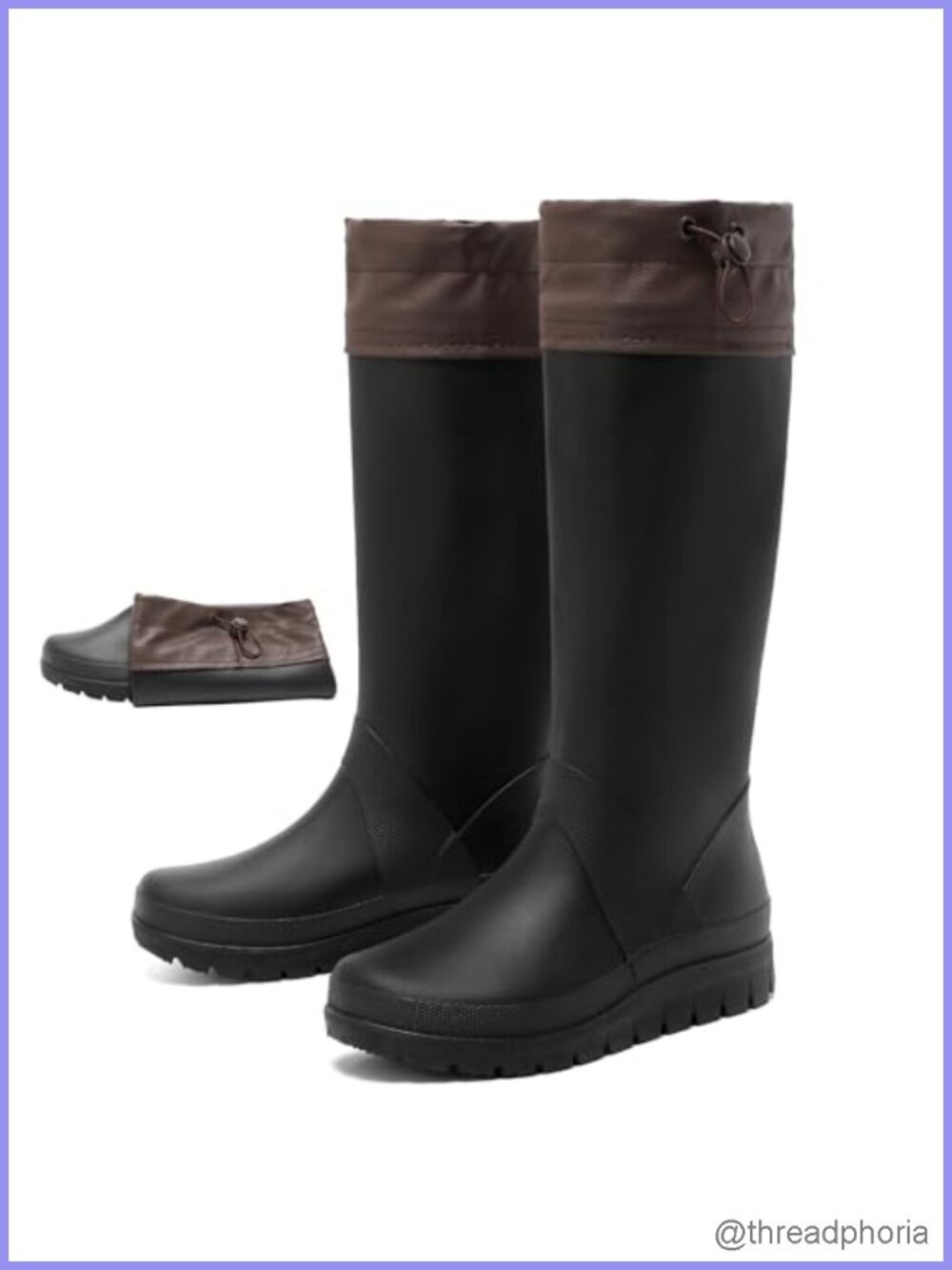 Knee-High Waterproof PVC Rubber Rain Boots Foldable Adjustable Drawstring